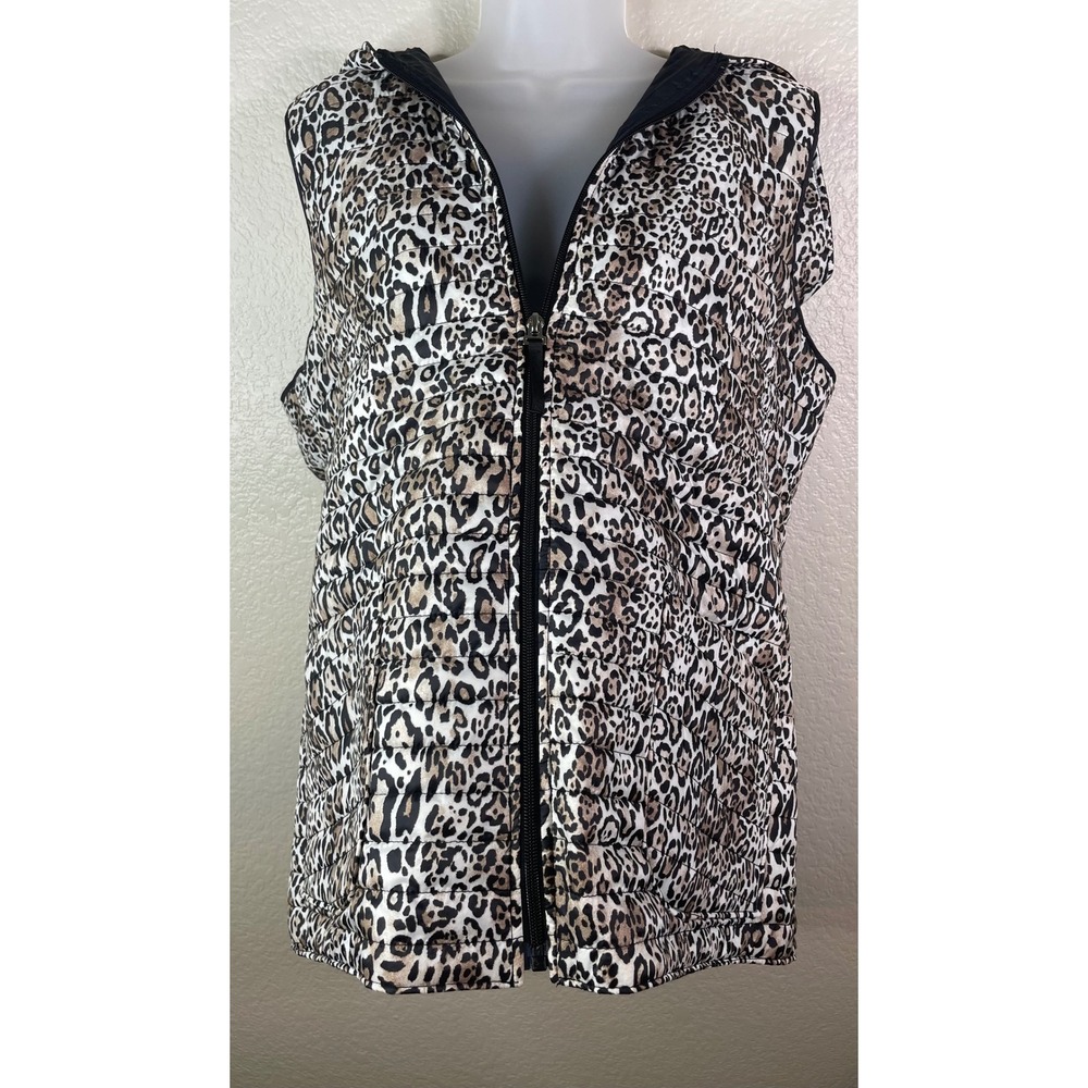 Chicos 2 US Large Puffer Vest Brown Leopard Print Quilted Hooded Full Zip Chic